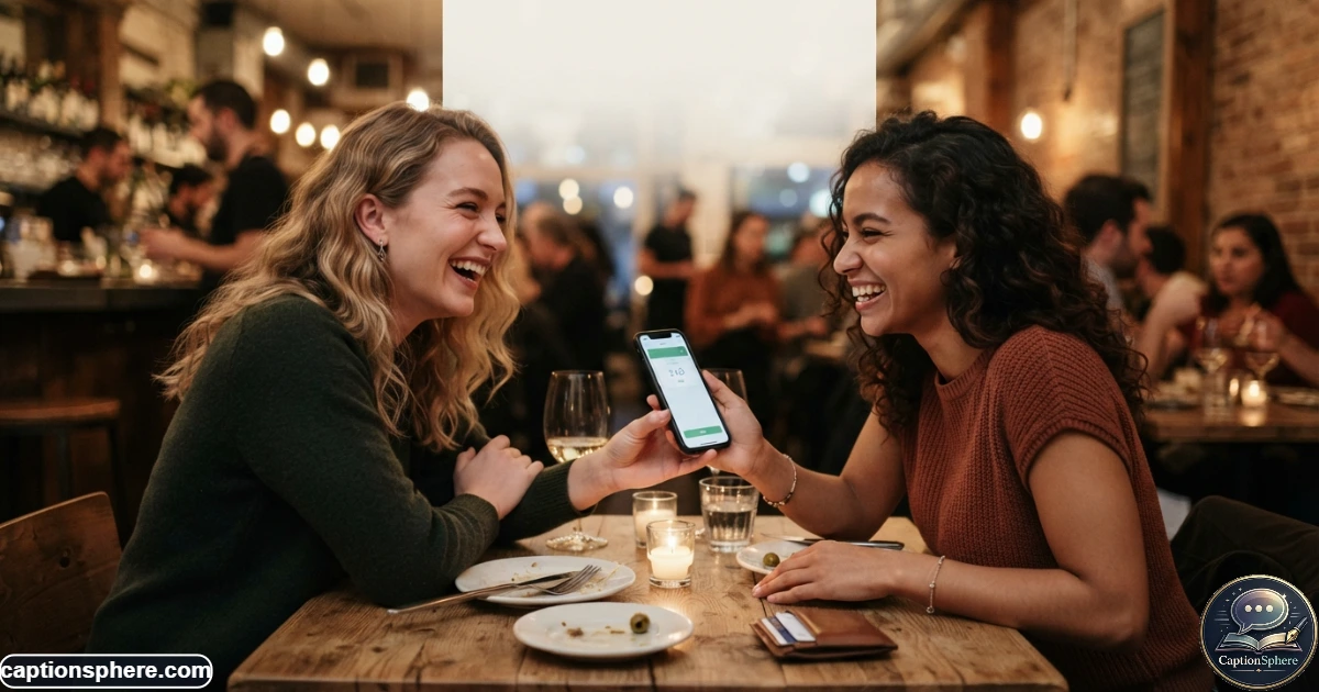 Friends laughing together over a smartphone payment at a casual restaurant