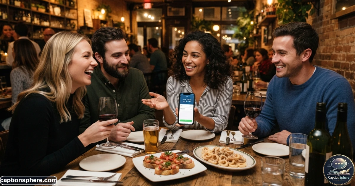 Friends laughing while splitting dinner and drinks using a smartphone