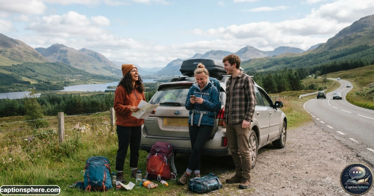 Friends on a road trip checking shared travel expenses on a phone