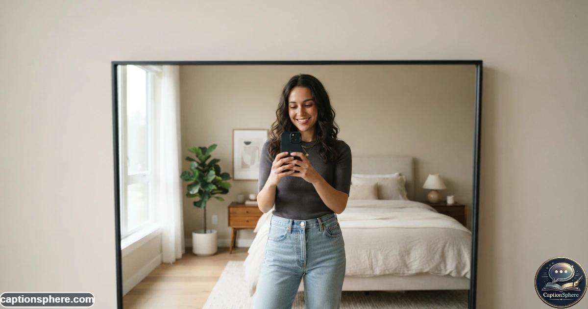 Stylish young adult taking a minimalist mirror selfie in a modern room