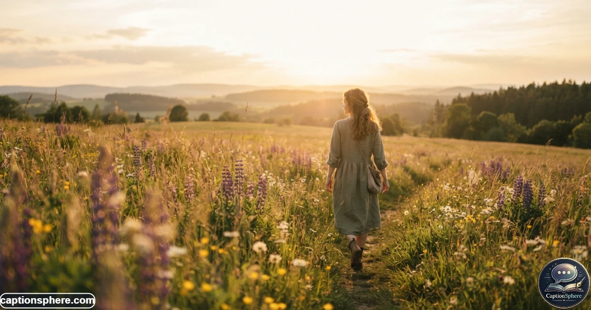Person walking through wildflowers during warm golden-hour sunlight