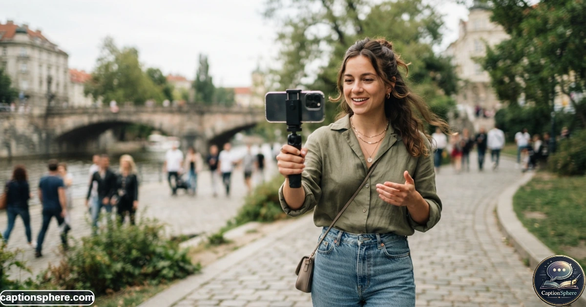 Young creator recording a casual lifestyle video outdoors during soft daylight