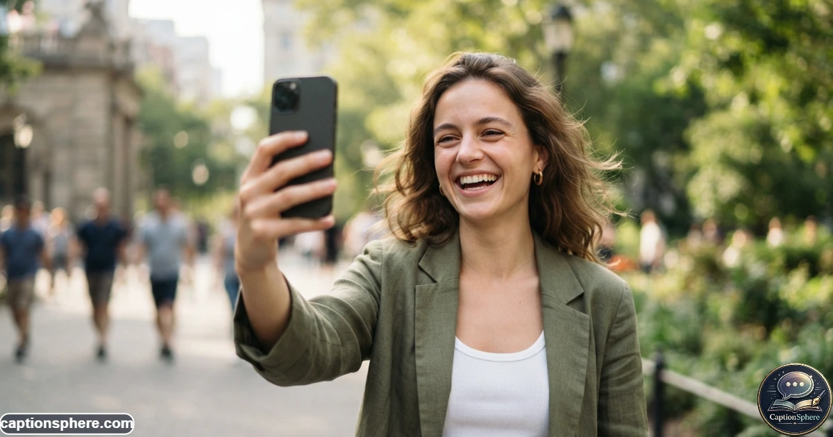 Young woman taking a playful outdoor selfie with a relaxed expression