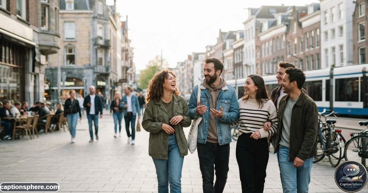 Close friends laughing together during a relaxed city outing