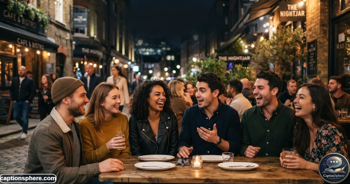 Friends laughing together during a lively evening city outing