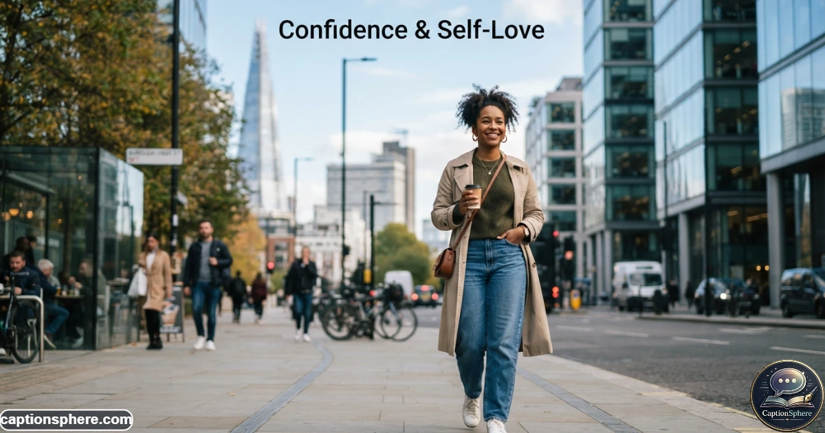 Create a realistic editorial 16:9 lifestyle portrait of a confident young woman walking through a modern city street in daylight. Use natural posture, understated fashion, authentic expression, and an empowering but relaxed mood. Compose the image with architectural depth and clean top-middle space for the heading “Confidence & Self-Love.”