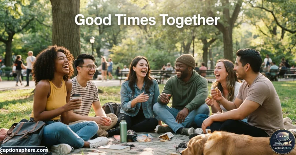 Close group of friends smiling together during a relaxed outdoor gathering