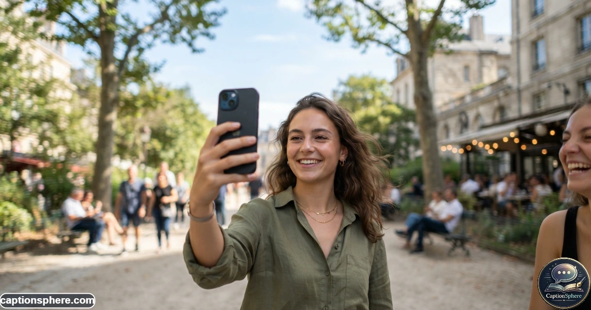 Create a realistic 16:9 editorial photograph of a young adult taking a casual selfie during a pleasant outdoor afternoon. Natural smile, relaxed posture, realistic surroundings, candid social-media feel. Keep clean negative space at the top-middle for the heading "Everyday Mood". No logos, watermark, branding, subtitle, or extra text.