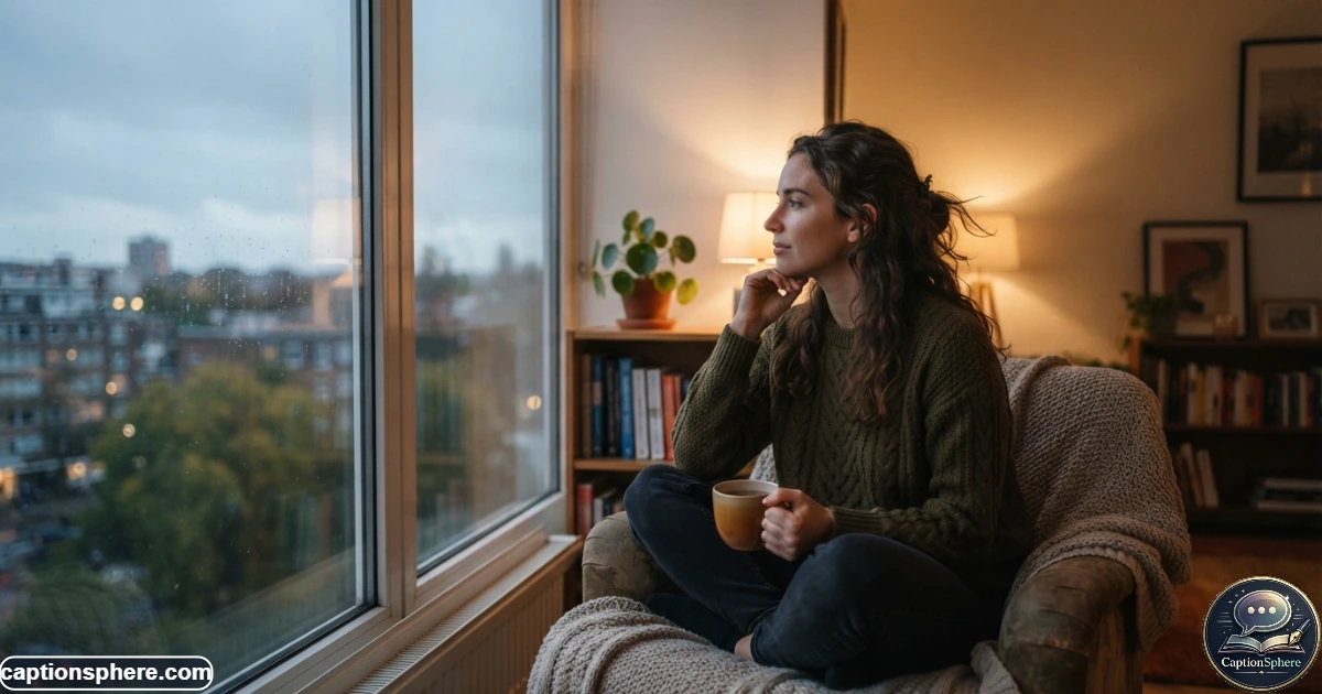 Create a realistic 16:9 editorial lifestyle photograph of a person sitting quietly beside a large window during a cloudy evening, looking thoughtful rather than dramatically sad. Soft natural light, believable home interior, subtle emotional atmosphere. Leave clean top-middle space for the heading "Quiet Feelings". No branding or extra text.