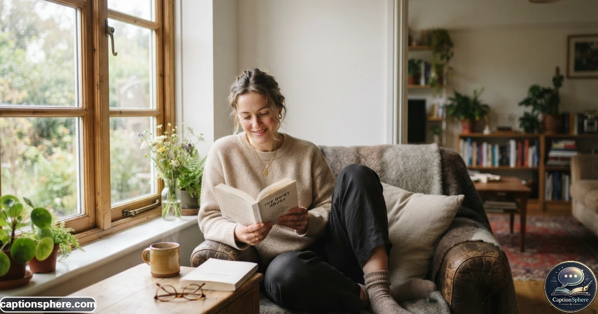 Create a realistic 16:9 editorial lifestyle photograph of a person relaxing beside a bright window with a coffee cup and a book on a slow peaceful morning. Natural posture, lived-in environment, soft daylight, calm atmosphere. Keep clean top-middle negative space for "Peaceful Mood". No branding or extra text.
