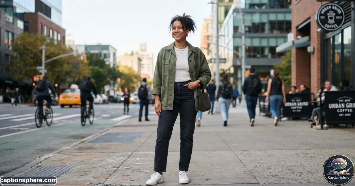 Create a realistic 16:9 editorial street-style photograph of a young adult standing confidently on a modern city sidewalk, relaxed posture and natural expression, wearing a stylish everyday outfit. Use realistic urban details and balanced composition. Leave clean top-middle space for "Confident Energy". No logos, watermark, subtitle, or extra text.