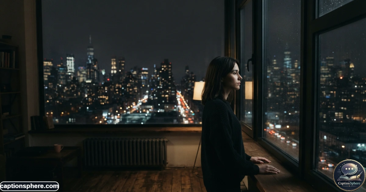 Create a realistic 16:9 editorial nighttime photograph of a person standing beside an apartment window, quietly looking at distant city lights while reflecting. Dim natural interior lighting, believable urban atmosphere, restrained emotion. Keep generous clean top-middle space for "Late Night Thoughts". No logos, watermark, subtitle, or extra text.