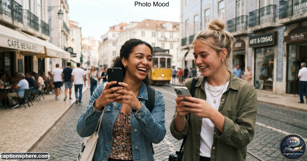 Create a realistic 16:9 editorial lifestyle photograph showing two friends capturing spontaneous smartphone photos during a casual city outing. Include natural movement, varied expressions, authentic surroundings, and a candid social-media feel. Keep the upper-middle area visually clean for "Photo Mood". No phone-screen text, logos, watermark, subtitle, or extra text.