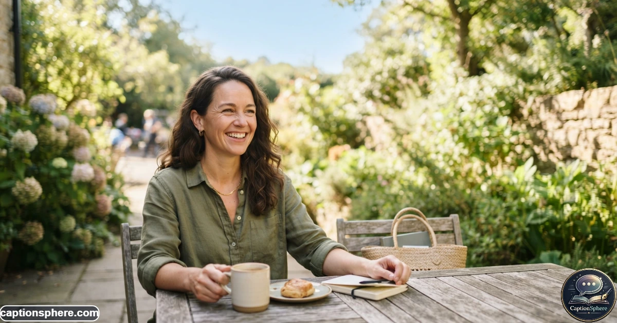 Realistic editorial lifestyle scene in 16:9 format featuring a woman enjoying a bright outdoor setting with a genuine relaxed smile, natural sunlight, casual clothing, and an authentic everyday atmosphere. Use balanced composition and leave clean top-middle negative space for text. No logos, watermark, website branding, subtitle, or extra text.