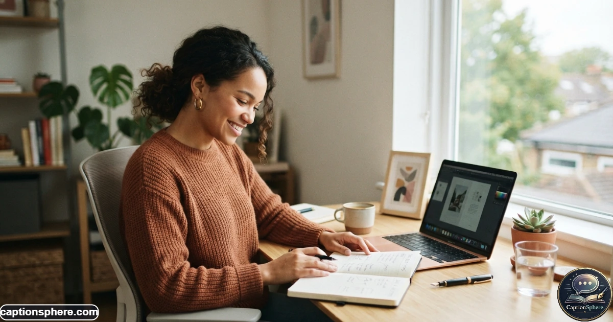 Create a realistic 16:9 editorial lifestyle image of a young adult enjoying a quiet moment of accomplishment in a bright modern workspace, with subtle celebratory body language, natural expression, notebook and everyday desk details. Leave clean top-middle space for text. No logos, watermark, website branding, subtitle, or extra text.