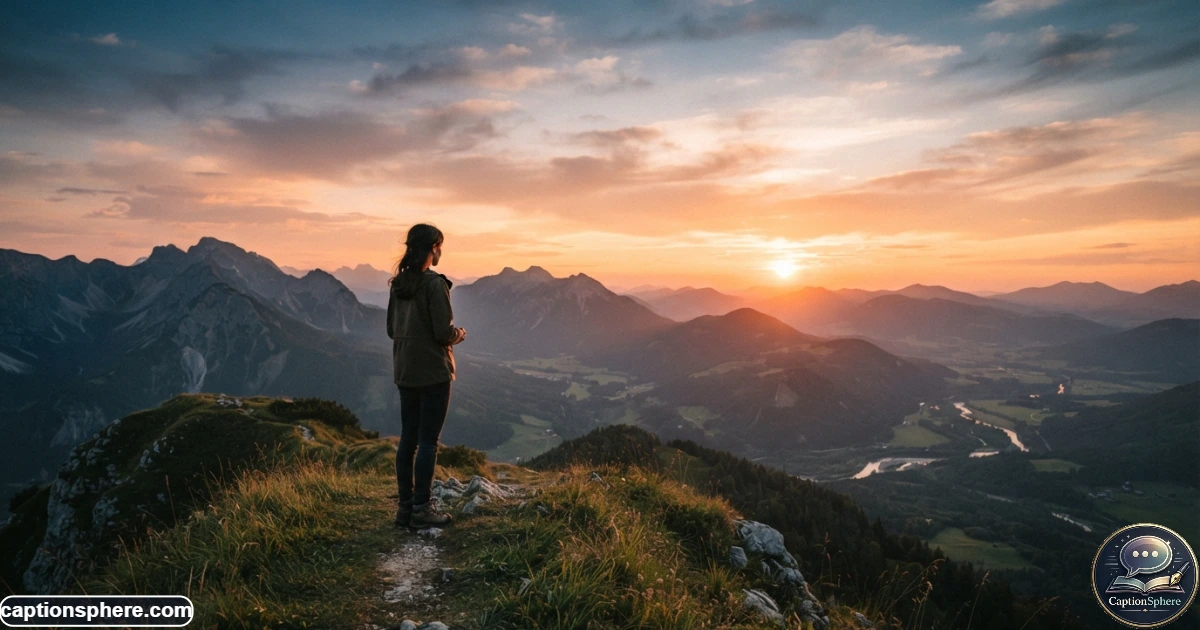 Realistic cinematic editorial landscape in 16:9 format showing a person standing quietly outdoors while watching a beautiful sunset over an open natural landscape. Use believable proportions, subtle peaceful body language, atmospheric evening light, and generous clean top-middle space for text. No logos, watermark, website branding, subtitle, or extra text.