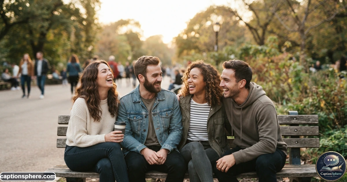Realistic editorial lifestyle photograph in 16:9 format showing four close friends laughing naturally together outdoors in a relaxed everyday setting. Capture genuine connection, varied poses, believable expressions, casual clothing, and warm natural light. Keep clean top-middle negative space for a heading. No logos, watermark, website branding, subtitle, or extra text.
