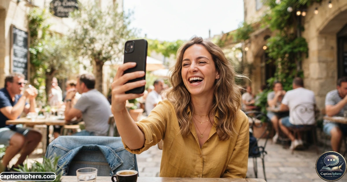 Person laughing while taking a playful selfie outdoors