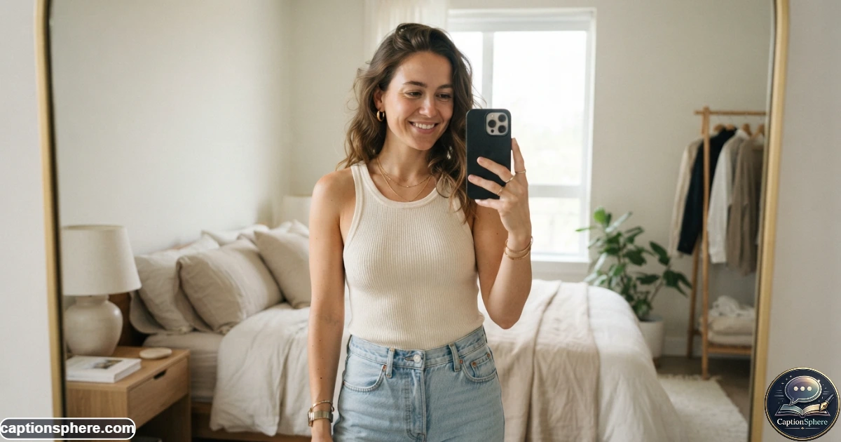 Image Prompt:
Realistic 16:9 editorial lifestyle photograph of one person taking a natural mirror selfie in a clean modern bedroom or dressing area, contemporary outfit and relaxed expression. Show realistic phone positioning and reflection. Keep the upper-middle region uncluttered for a heading, with believable anatomy and no logos, watermark, or extra text.