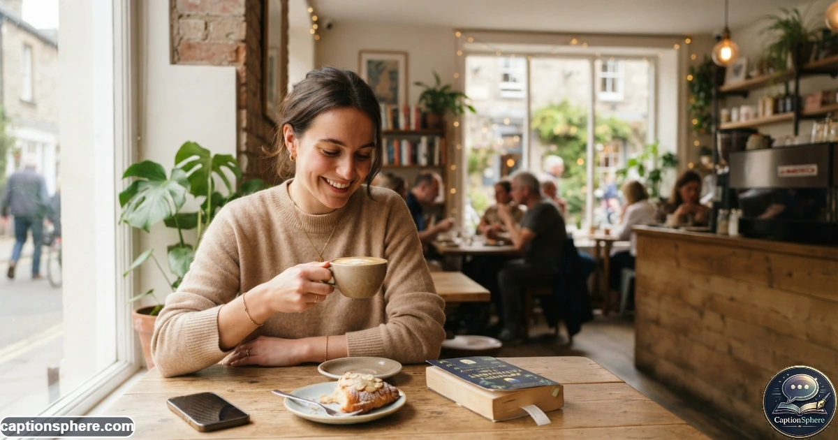 Realistic 16:9 editorial lifestyle scene of one person enjoying coffee and a small dessert alone at a stylish neighborhood café, phone and book resting naturally nearby. Warm daylight, relaxed expression, authentic solo-date atmosphere. Leave clean top-middle space for a heading, with realistic anatomy and no branding or watermark.