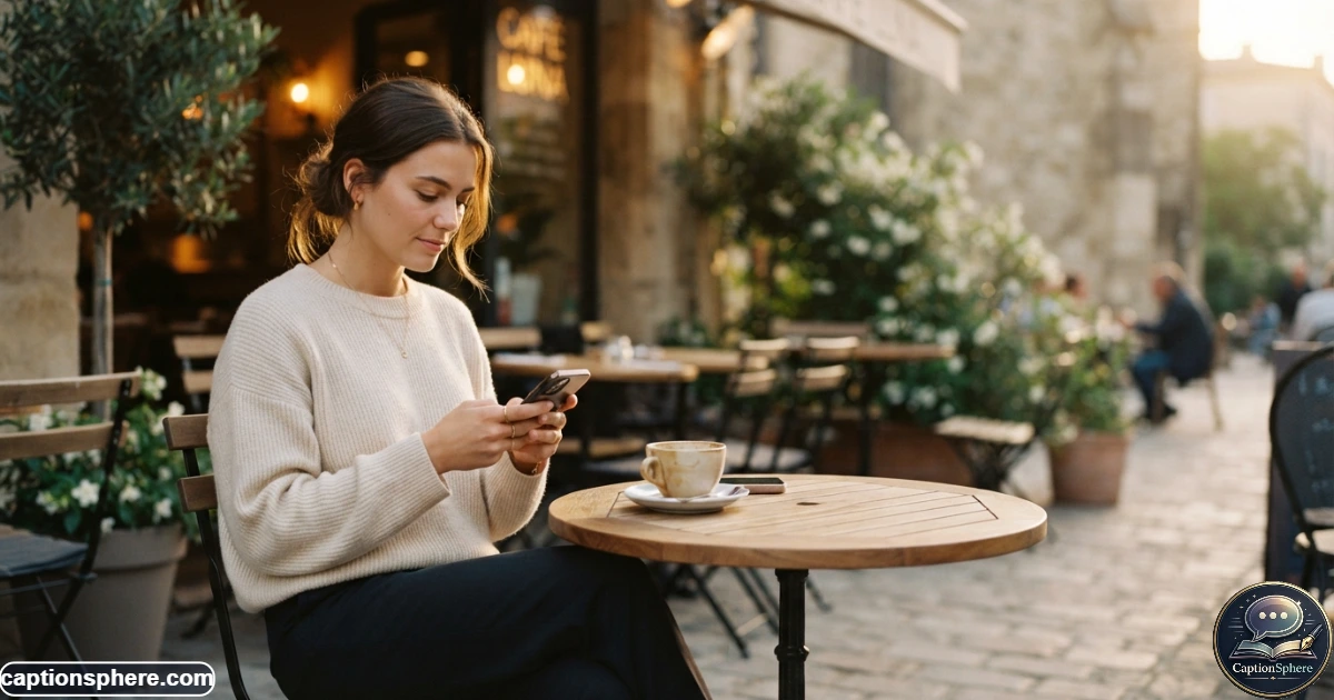 Woman sitting alone outdoors enjoying a peaceful moment with her phone