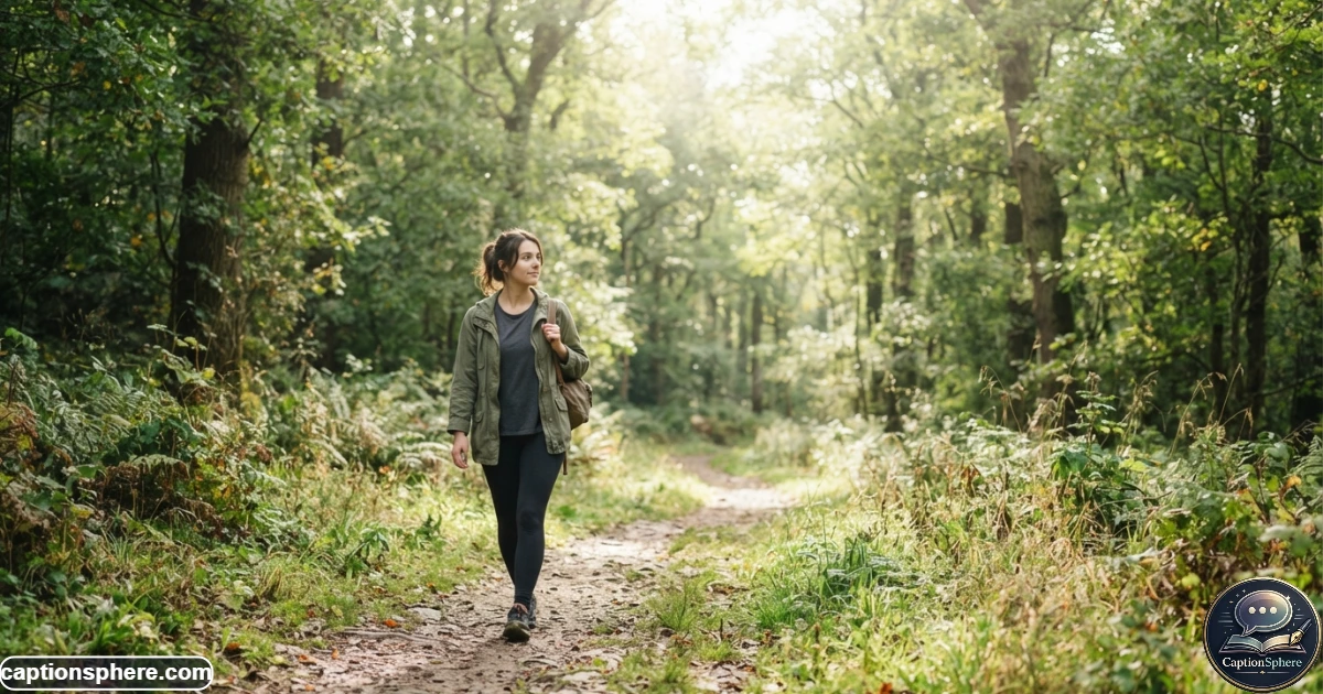 Person walking alone through a peaceful green trail in soft daylight