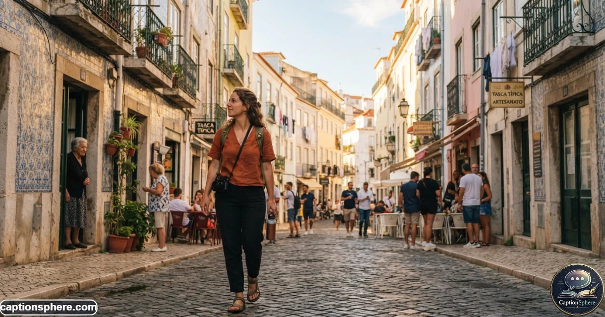 Solo traveler walking through a lively city street with a small backpack