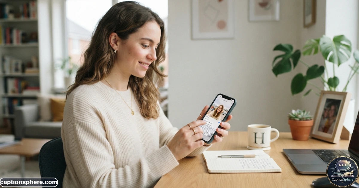 Person selecting an Instagram caption while viewing a solo photo on a smartphone