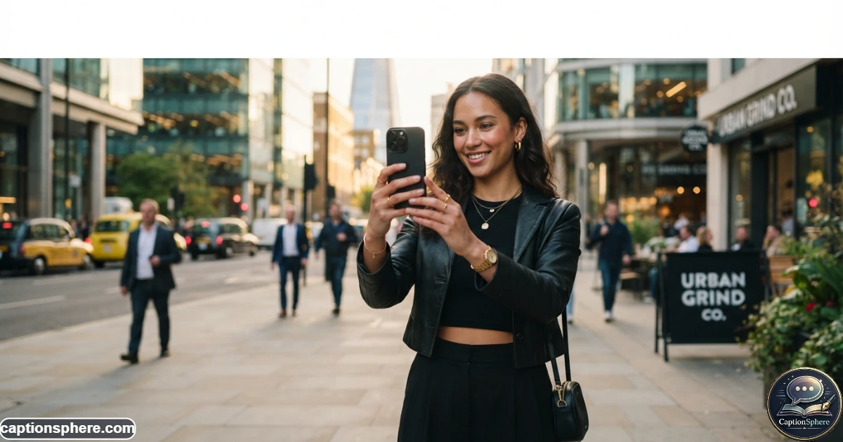 Confident woman taking a stylish selfie in a modern city setting
