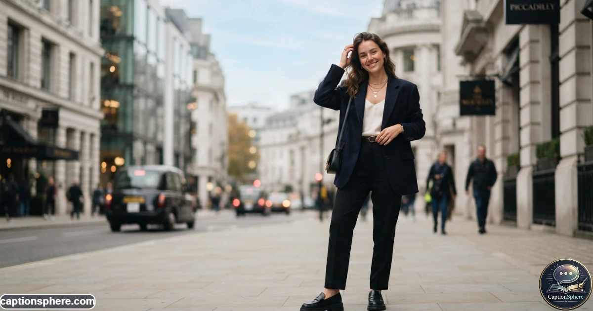 Stylish woman posing confidently outdoors with an urban editorial backdrop