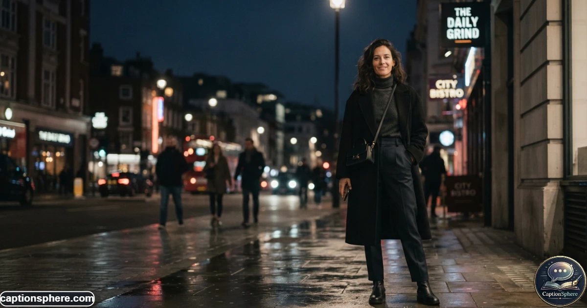 Stylish woman posing under evening city lights with a moody aesthetic