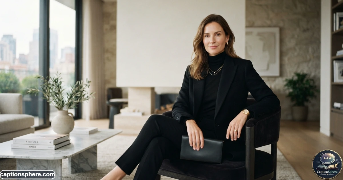 Elegant woman in a black outfit posing confidently in a refined interior