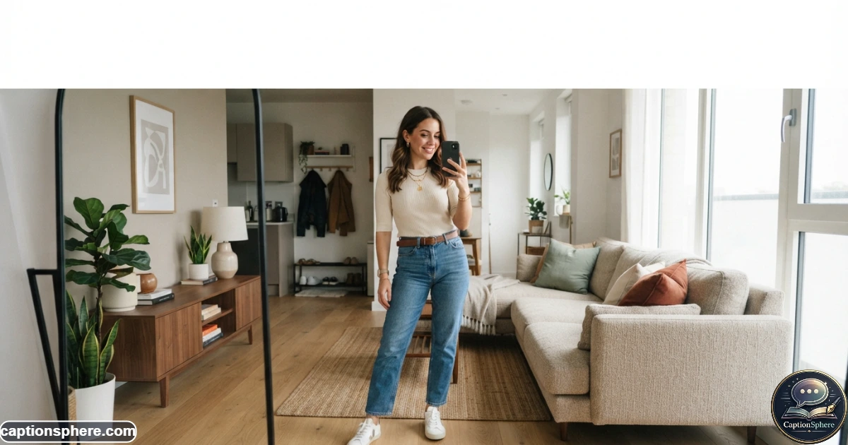 Fashionable woman taking a mirror selfie in a modern apartment