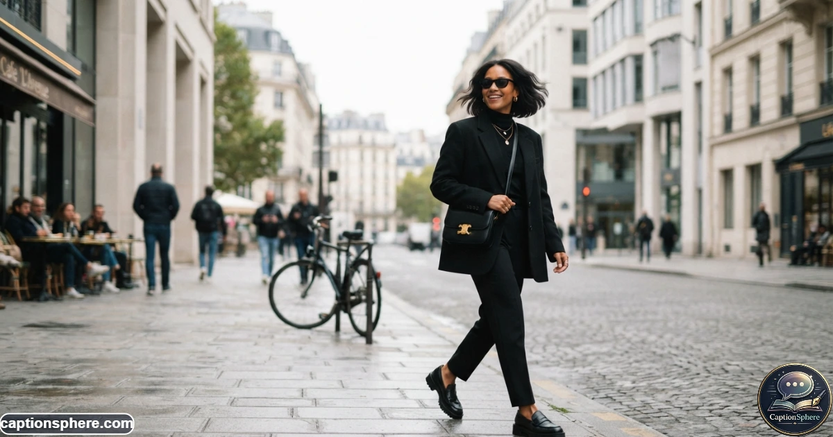 Fashionable woman showing a bold black outfit on a city street