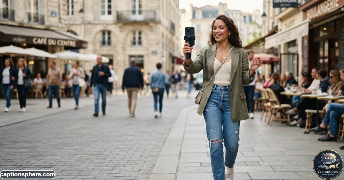 Stylish woman recording a fashion Reel with her smartphone outdoors