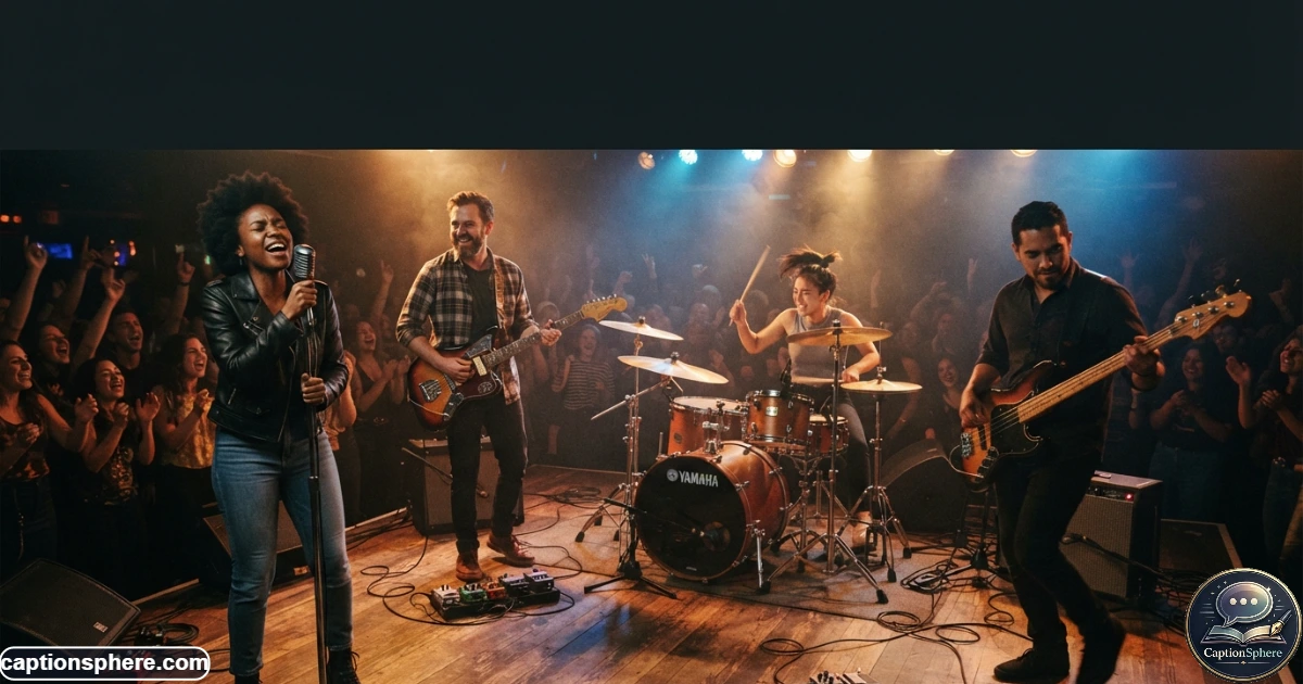 Musicians performing together on stage under dramatic concert lights