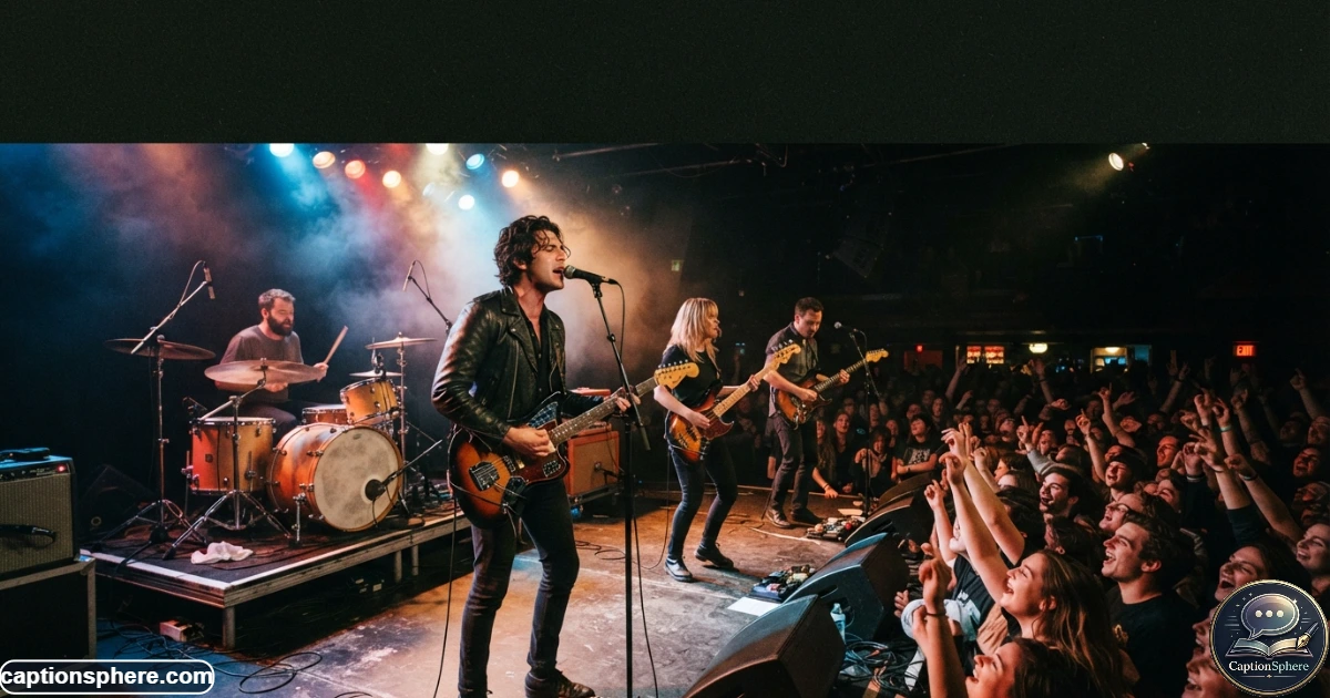 16:9 realistic editorial concert photograph showing a four-member band performing under stage lights while a lively audience watches from below, natural expressions and anatomy, guitars and drums visible, energetic but authentic atmosphere, varied composition, clean top-middle space for text, no logos or watermark.
