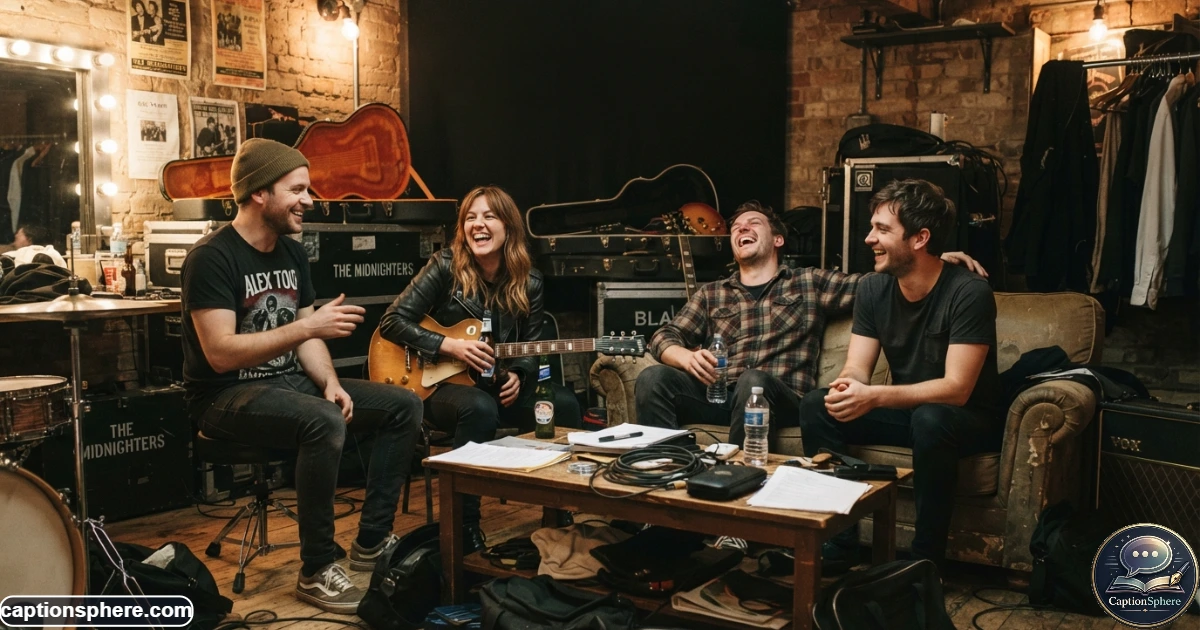 16:9 realistic editorial lifestyle photograph of four bandmates relaxing and laughing together in a backstage room before a concert, instrument cases and equipment naturally visible, candid friendship, casual clothing, warm realistic lighting, documentary photography feel, clean top-middle negative space for heading, no logos or watermark.