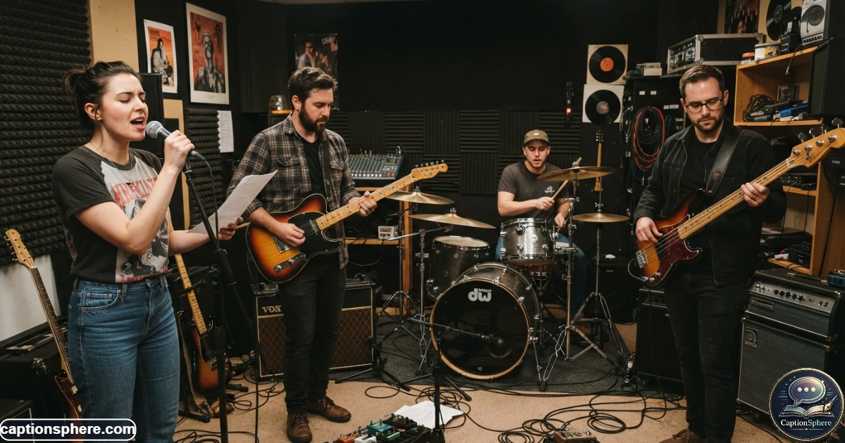 16:9 realistic editorial photograph of a four-member band rehearsing inside a compact professional music studio, guitarist and bassist playing while drummer works behind the kit and vocalist practices at a microphone, cables and equipment naturally arranged, candid focused expressions, clean top-middle space, no branding or watermark.
