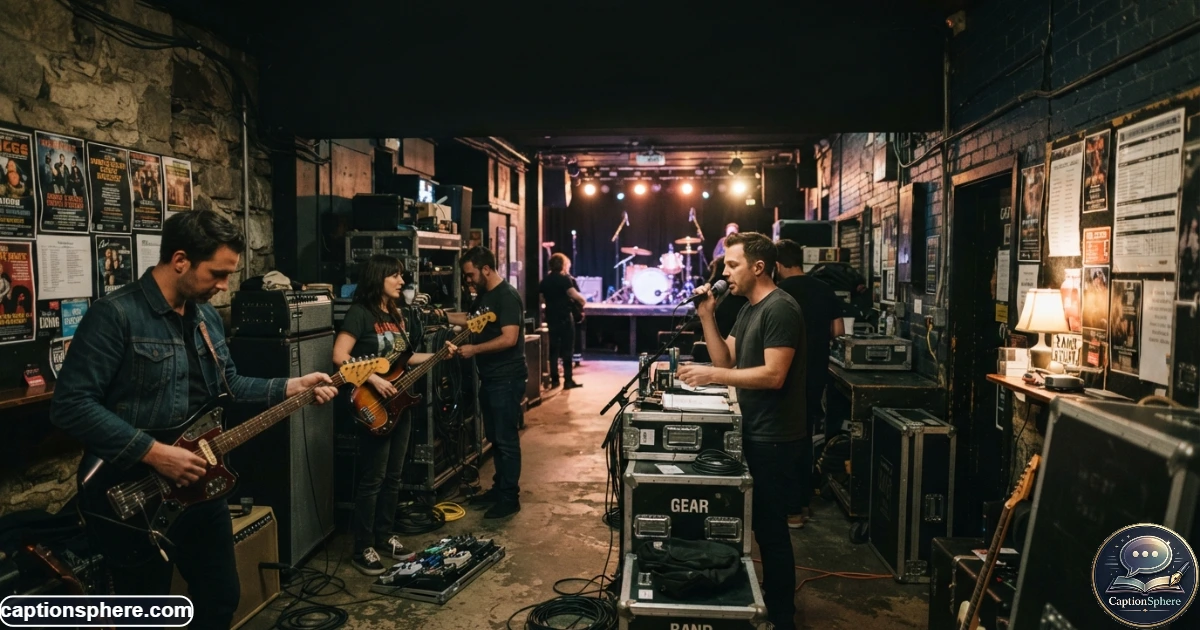 Bandmates preparing instruments during a quiet backstage soundcheck before a concert