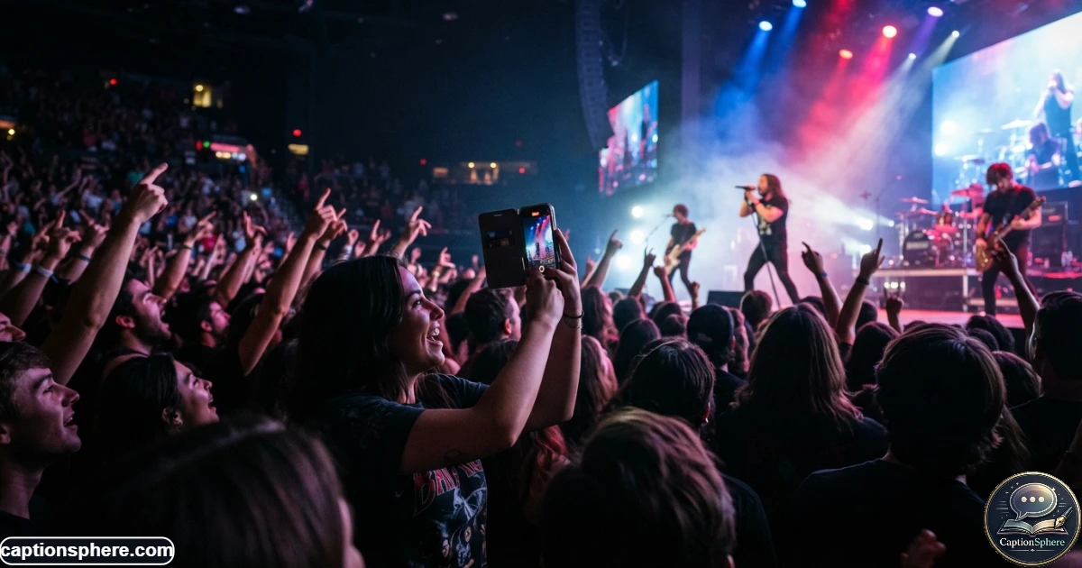 16:9 realistic editorial concert photograph from within an audience, a fan holding a smartphone while watching a favorite band perform on stage, crowd silhouettes and atmospheric lights visible, authentic excitement, natural proportions, immersive perspective, clean top-middle negative space for heading, no visible logos, no watermark, no extra text.