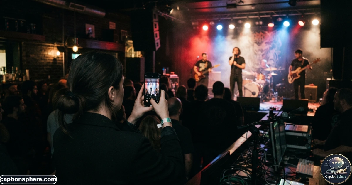 16:9 realistic editorial behind-the-scenes photograph of a musician using a smartphone to record another band performing on stage, phone screen subtly visible without readable interface text, authentic venue atmosphere, natural lighting, layered composition, realistic people and equipment, clean top-middle space for heading, no logos or watermark.