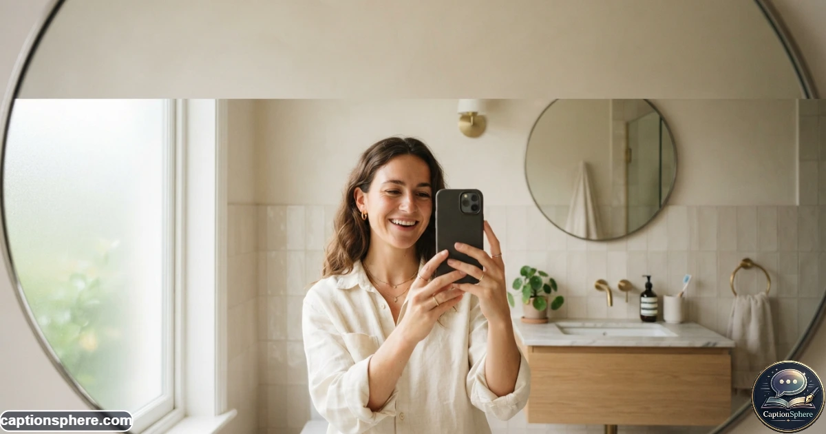 Create a realistic editorial lifestyle photograph in 16:9 format showing a stylish young adult taking a natural bathroom mirror selfie with a smartphone. Use a modern, tasteful bathroom with clean tile, attractive soft lighting, and realistic reflections. Keep the composition uncluttered with generous clean negative space at the top-middle for a bold heading. No logos, watermark, website branding, or extra text.