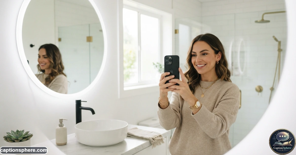 Realistic editorial 16:9 lifestyle photograph of a stylish person taking a confident bathroom mirror selfie in a bright modern bathroom. Natural pose, believable reflection, tasteful styling, clean sink and mirror, soft daylight, and uncluttered composition. Leave clean top-middle space for a heading. No logos, watermark, website branding, or extra text.