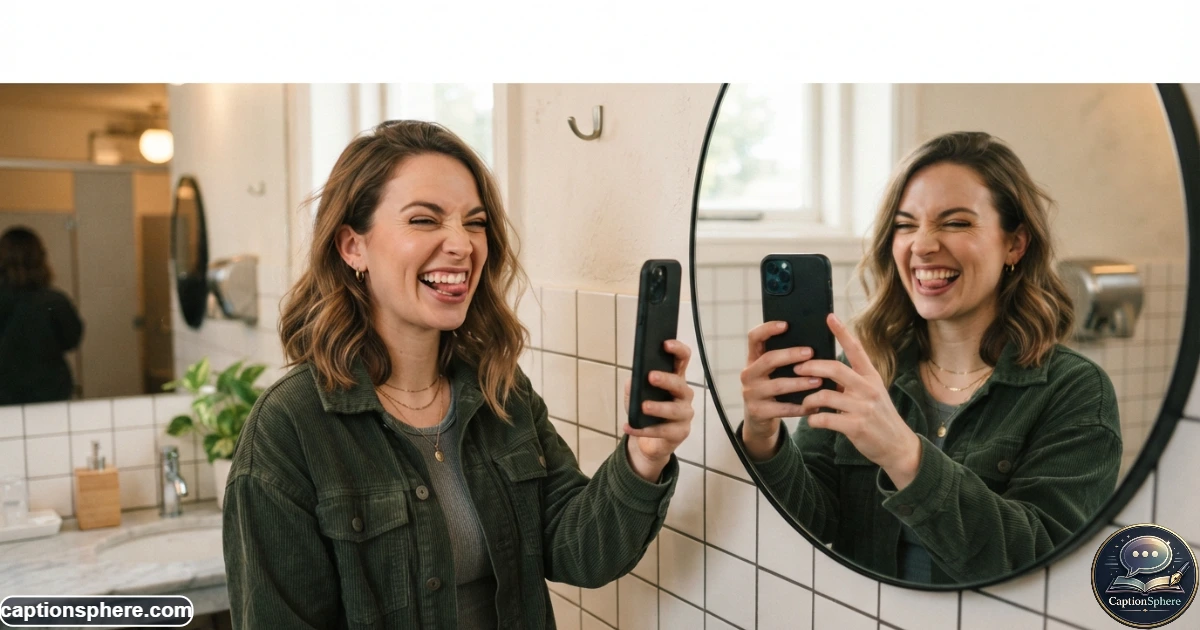 Realistic 16:9 editorial photograph of a person making a playful expression while taking a bathroom mirror selfie. Modern restroom setting, natural smartphone position, believable anatomy, candid humor, realistic lighting, and subtle everyday details. Leave clean top-middle negative space for a heading. No logos, watermark, website branding, or extra text.