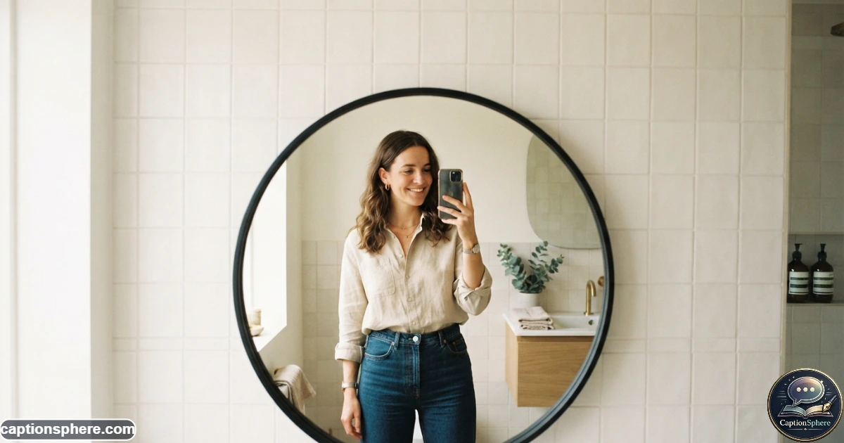 Create a realistic 16:9 editorial lifestyle scene featuring an aesthetic bathroom mirror selfie with soft neutral lighting, minimalist tile, subtle reflections, and understated fashion. Use balanced composition and natural posture. Leave generous clean top-middle space for a heading. No logos, watermark, website branding, or additional text.