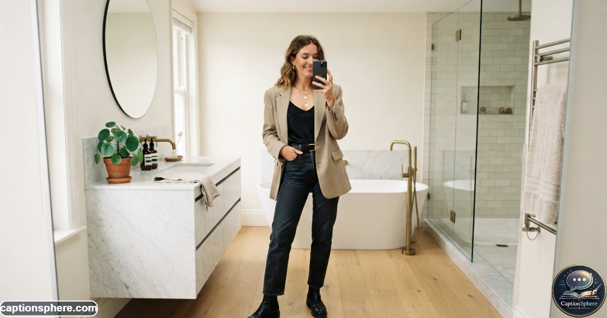 Person checking a stylish outfit in a full-length bathroom mirror