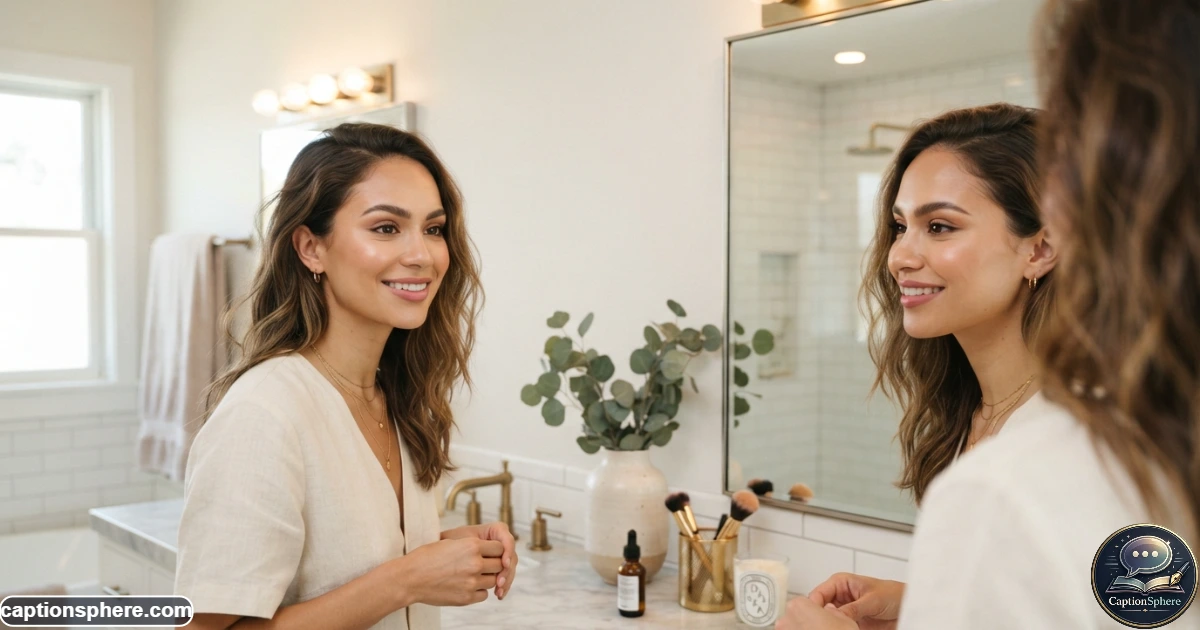 Realistic 16:9 editorial beauty photograph of a person showing a finished makeup look in a well-lit bathroom mirror. Include a tasteful vanity, subtle beauty items, natural expression, realistic skin and hair, and believable reflections. Leave clean top-middle negative space for a heading. No logos, watermark, website branding, or extra text.