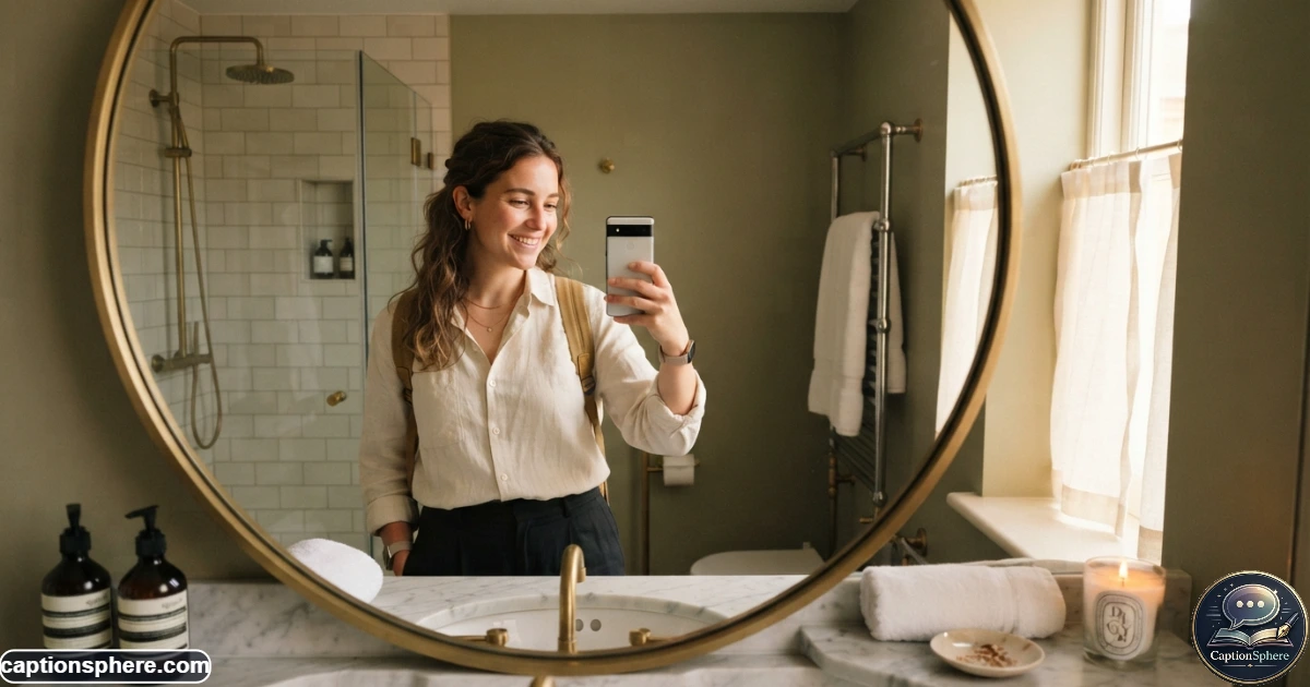 Traveler taking a relaxed selfie in a stylish hotel bathroom