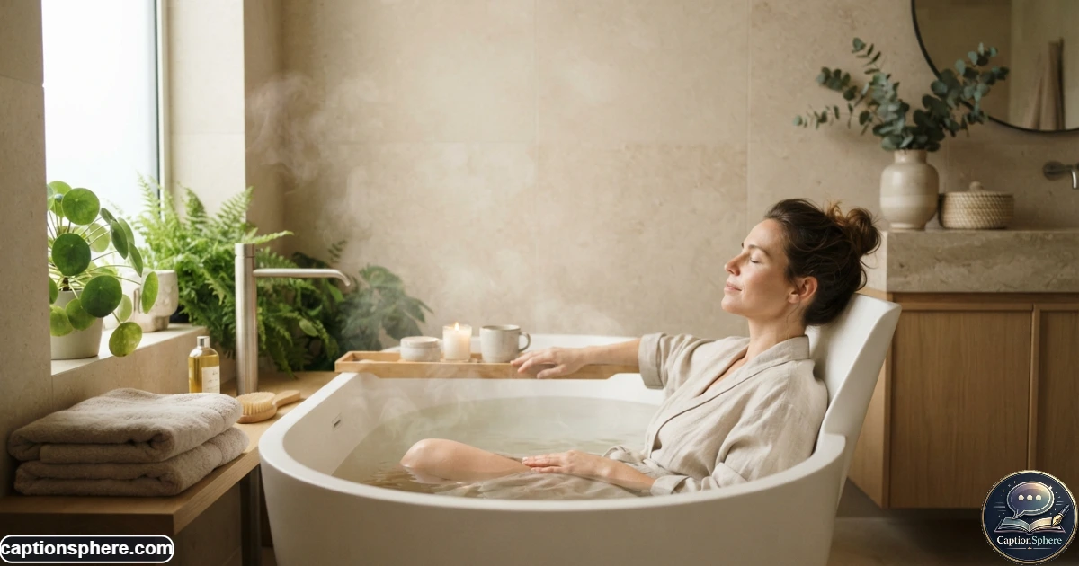 Realistic 16:9 editorial wellness photograph showing a peaceful self-care moment in a tasteful modern bathroom, with a bathtub, soft steam, folded towel, subtle natural lighting, and a relaxed person enjoying quiet time. Keep the scene elegant and non-sensual, with clean top-middle space for a heading. No logos, watermark, website branding, or extra text.
